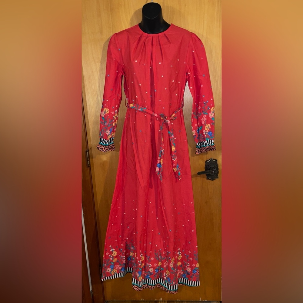 ZiWoman Floral Red Long Sleeve Dress cotton